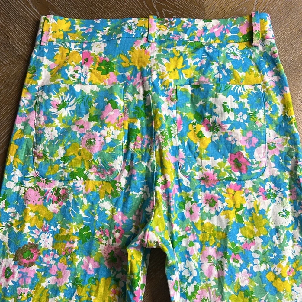 ZARA Blue Floral Linen Blend Mini Flare Cropped Trouser Pant 4